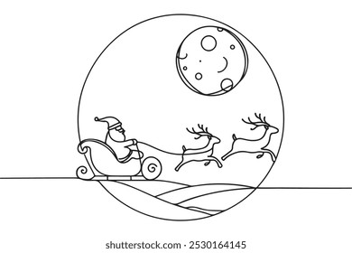 One continuous line drawing Santa Claus on reindeer and sled. concept for Christmas and New Year. vector illustration