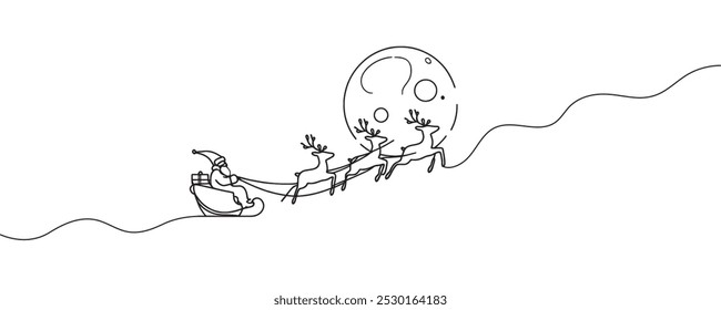 One continuous line drawing Santa Claus on reindeer and sled. concept for Christmas and New Year. vector illustration
