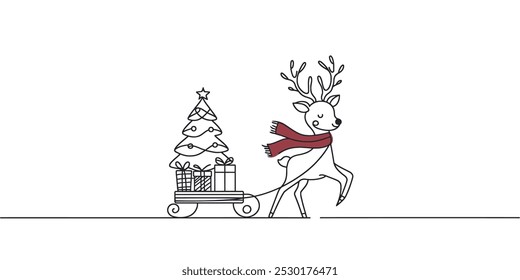 One continuous line drawing Santa Claus on reindeer and sled. concept for Christmas and New Year. vector illustration.