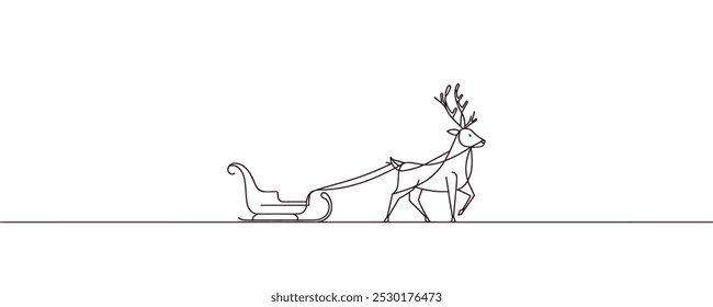 One continuous line drawing Santa Claus on reindeer and sled. concept for Christmas and New Year. vector illustration.