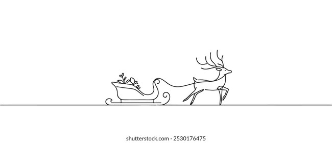 One continuous line drawing Santa Claus on reindeer and sled. concept for Christmas and New Year. vector illustration.