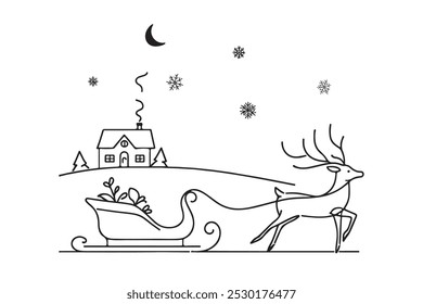 One continuous line drawing Santa Claus on reindeer and sled. concept for Christmas and New Year. vector illustration.