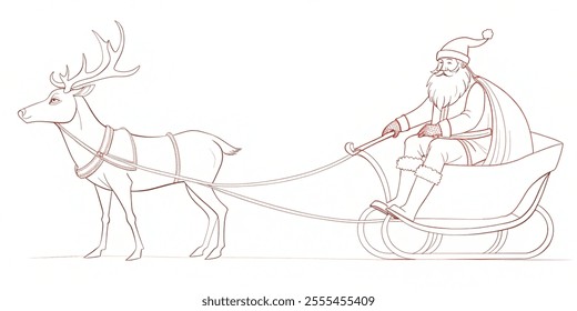 One continuous line drawing Santa Claus on reindeer and sled. concept for Christmas and New Year. Isolated on white background illustration vector.