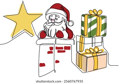 One continuous line drawing Santa Claus on reindeer and sled. concept for Christmas and New Year. vector illustration. Vector illustration