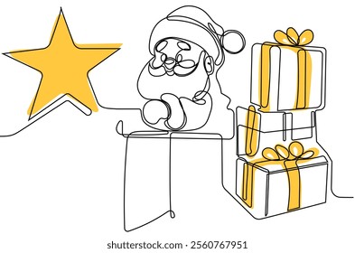 One continuous line drawing Santa Claus on reindeer and sled. concept for Christmas and New Year. vector illustration. Vector illustration