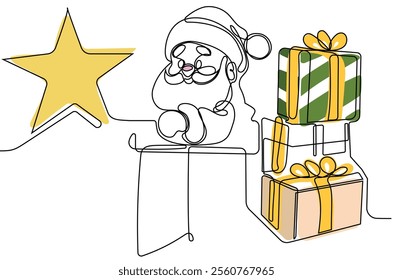 One continuous line drawing Santa Claus on reindeer and sled. concept for Christmas and New Year. vector illustration. Vector illustration