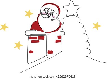 One continuous line drawing Santa Claus on reindeer and sled. concept for Christmas and New Year. vector illustration. Vector illustration