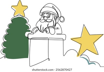 One continuous line drawing Santa Claus on reindeer and sled. concept for Christmas and New Year. vector illustration. Vector illustration