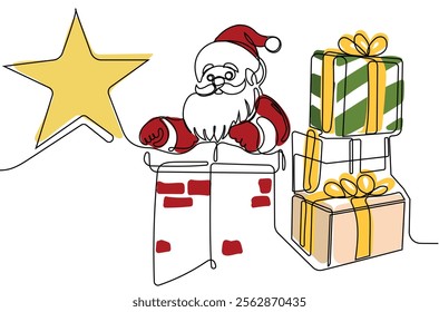 One continuous line drawing Santa Claus on reindeer and sled. concept for Christmas and New Year. vector illustration. Vector illustration