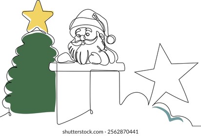 One continuous line drawing Santa Claus on reindeer and sled. concept for Christmas and New Year. vector illustration. Vector illustration