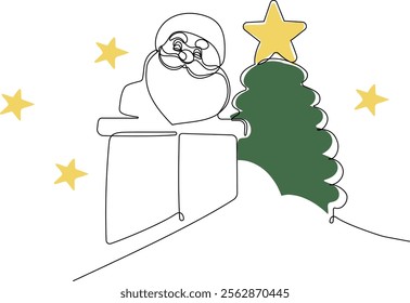 One continuous line drawing Santa Claus on reindeer and sled. concept for Christmas and New Year. vector illustration. Vector illustration