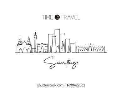 One continuous line drawing Santiago city skyline, Chile. Beautiful landmark. World landscape tourism and travel vacation postcard. Editable stylish stroke single line draw design vector illustration