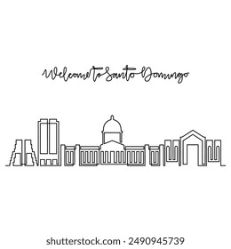 One continuous line drawing of Santo Domingo skyline vector illustration. Modern city in Central America in simple linear style vector design concept. Big city in Dominican Republic. Iconic Building.