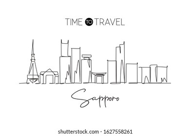 One continuous line drawing of Sapporo city skyline, Japan. Beautiful landmark. World landscape tourism and travel vacation poster. Editable stylish stroke single line draw design vector illustration