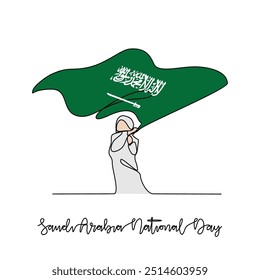 Um desenho em linha contínua da Ilustração Vetorial do Dia Nacional da Arábia Saudita em 23 de setembro. Projeto do Dia Nacional da Arábia Saudita em estilo linear simples. Adequado para cartaz e banner de cartão de saudação.