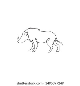 One continuous line drawing of savage common warthog for company logo identity. African savanna pig mascot concept for national safari park icon. Modern single line draw design vector illustration