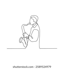 One continuous line drawing of a Saxophonist is on duty vector design illustration. Saxophonist on stage design illustration simple linear style vector concept. Saxophonist illustration for your asset