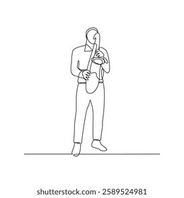 One continuous line drawing of a Saxophonist is on duty vector design illustration. Saxophonist on stage design illustration simple linear style vector concept. Saxophonist illustration for your asset