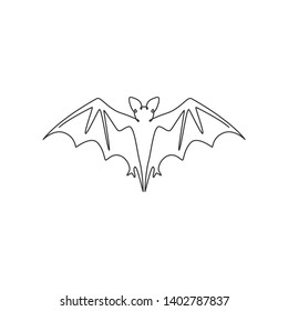 One continuous line drawing of scary bat for ghost house logo identity. Evil mammal animal mascot concept for horror symbol. Dynamic single line draw design illustration vector graphic