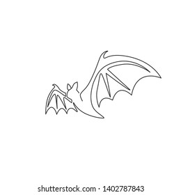 One continuous line drawing of scary bat for ghost house logo identity. Evil mammal animal mascot concept for horror symbol. Trendy single line draw design illustration graphic vector