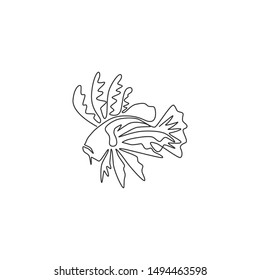 One continuous line drawing of scary lionfish for company logo identity. Sea monster fish creature mascot concept for aquatic show icon. Modern single line draw design graphic vector illustration