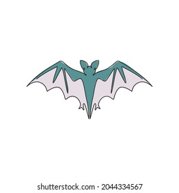 One continuous line drawing of scary bat for ghost house logo identity. Evil mammal animal mascot concept for horror symbol. Dynamic single line draw design illustration vector graphic