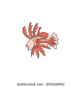 One continuous line drawing of scary lionfish for company logo identity. Sea monster fish creature mascot concept for aquatic show icon. Modern single line draw design graphic vector illustration