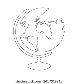 One continuous line drawing of school globe.World map doodle line drawing. Earth map hand drawn symbol. Isolated. Vector illustration