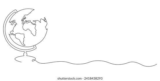 One continuous line drawing of school globe.World map doodle line drawing. Earth map hand drawn symbol. Isolated. Vector illustration