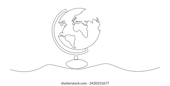 One continuous line drawing of school globe.World map doodle line drawing. Earth map hand drawn symbol. Isolated. Vector illustration