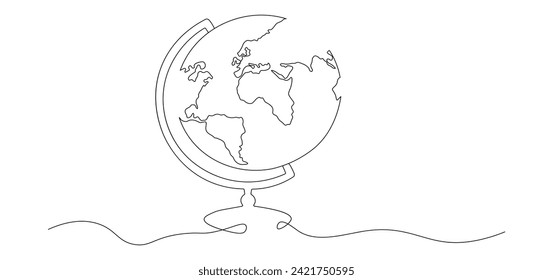 One continuous line drawing of school globe.World map doodle line drawing. Earth map hand drawn symbol. Isolated. Vector illustration