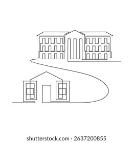 One continuous line drawing of a Schools to universities connected by continuous learning pathways vector illustration. National development themes design in simple linear concept. Suitable for asset.