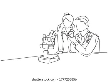 One Continuous Line Drawing Of Scientist Analyze Blood Sample Using Laboratory Microscope To Find Covid19 Vaccine. Medical Research Coronavirus Concept Single Line Draw Design Vector Illustration