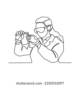 One continuous line drawing of scientist do research in the laboratory with white background. Chemical and laboratory design in simple linear style. Science design concept vector illustration.