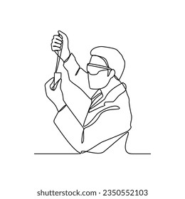 One continuous line drawing of scientist do research in the laboratory with white background. Chemical and laboratory design in simple linear style. Science design concept vector illustration.