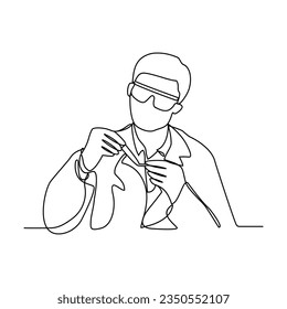 One continuous line drawing of scientist do research in the laboratory with white background. Chemical and laboratory design in simple linear style. Science design concept vector illustration.