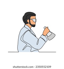 One continuous line drawing of scientist do research in the laboratory with white background. Chemical and laboratory design in simple linear style. Science design concept vector illustration.