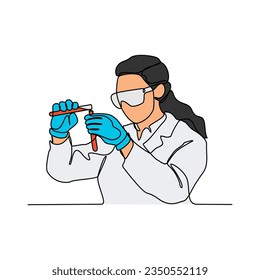 One continuous line drawing of scientist do research in the laboratory with white background. Chemical and laboratory design in simple linear style. Science design concept vector illustration.