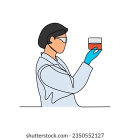 One continuous line drawing of scientist do research in the laboratory with white background. Chemical and laboratory design in simple linear style. Science design concept vector illustration.
