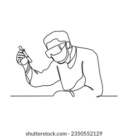 One continuous line drawing of scientist do research in the laboratory with white background. Chemical and laboratory design in simple linear style. Science design concept vector illustration.