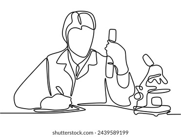 One continuous line drawing of scientist check sample using microscope