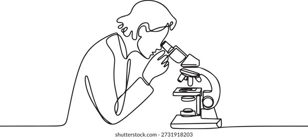 One continuous line drawing of scientist analyze blood sample using laboratory microscope to find covid19 vaccine. Medical research coronavirus concept. one line Icon drawing
