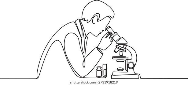 One continuous line drawing of scientist analyze blood sample using laboratory microscope to find covid19 vaccine. Medical research coronavirus concept. one line Icon drawing
