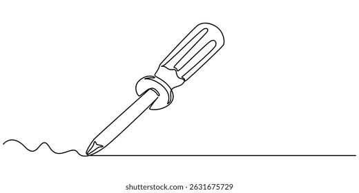 One continuous line drawing of screwdriver. Single line of screwdriver vector illustration, Single continuous line drawing of screw driver mechanics concept vector illustration, Construction minimal.