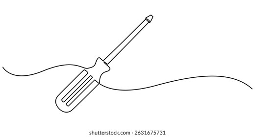 Um desenho de linha contínua da chave de fenda. Linha única de ilustração vetorial de chave de fenda, desenho de linha contínua única da mecânica de chave de fenda conceito ilustração vetorial, Construção mínima.