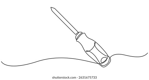 One continuous line drawing of screwdriver. Single line of screwdriver vector illustration, Single continuous line drawing of screw driver mechanics concept vector illustration, Construction minimal.