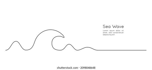 One continuous Line drawing of sea wave. Abstract seascape and concept for surf club in simple linear style. Modern Template for web banner and landing page. Doodle vector illustration