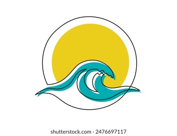 One continuous Line drawing of sea wave. Modern abstract seascape and concept for surf club in simple linear style. Water pattern in editable stroke. Doodle contour vector illustration