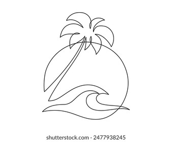 One continuous Line drawing of sea wave with palm. Modern abstract seascape and concept for surf club in simple linear style. Water pattern in editable stroke. Doodle contour vector illustration