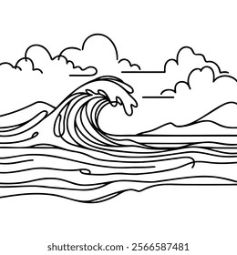 One continuous Line drawing of sea wave. Modern abstract seascape and concept for surf club in simple linear style. Doodle vector illustration